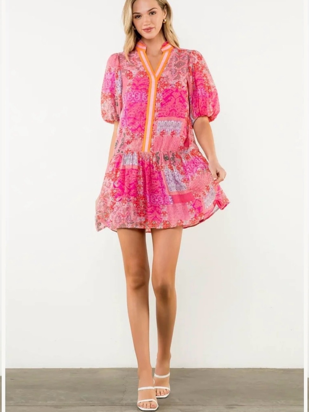LN THML Pink Patchwork Print Mini Dress with Orange Trim Puff Sleeve